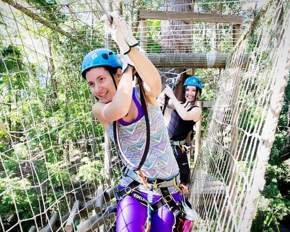 two ladies is doing and enjoying some tree top challenge